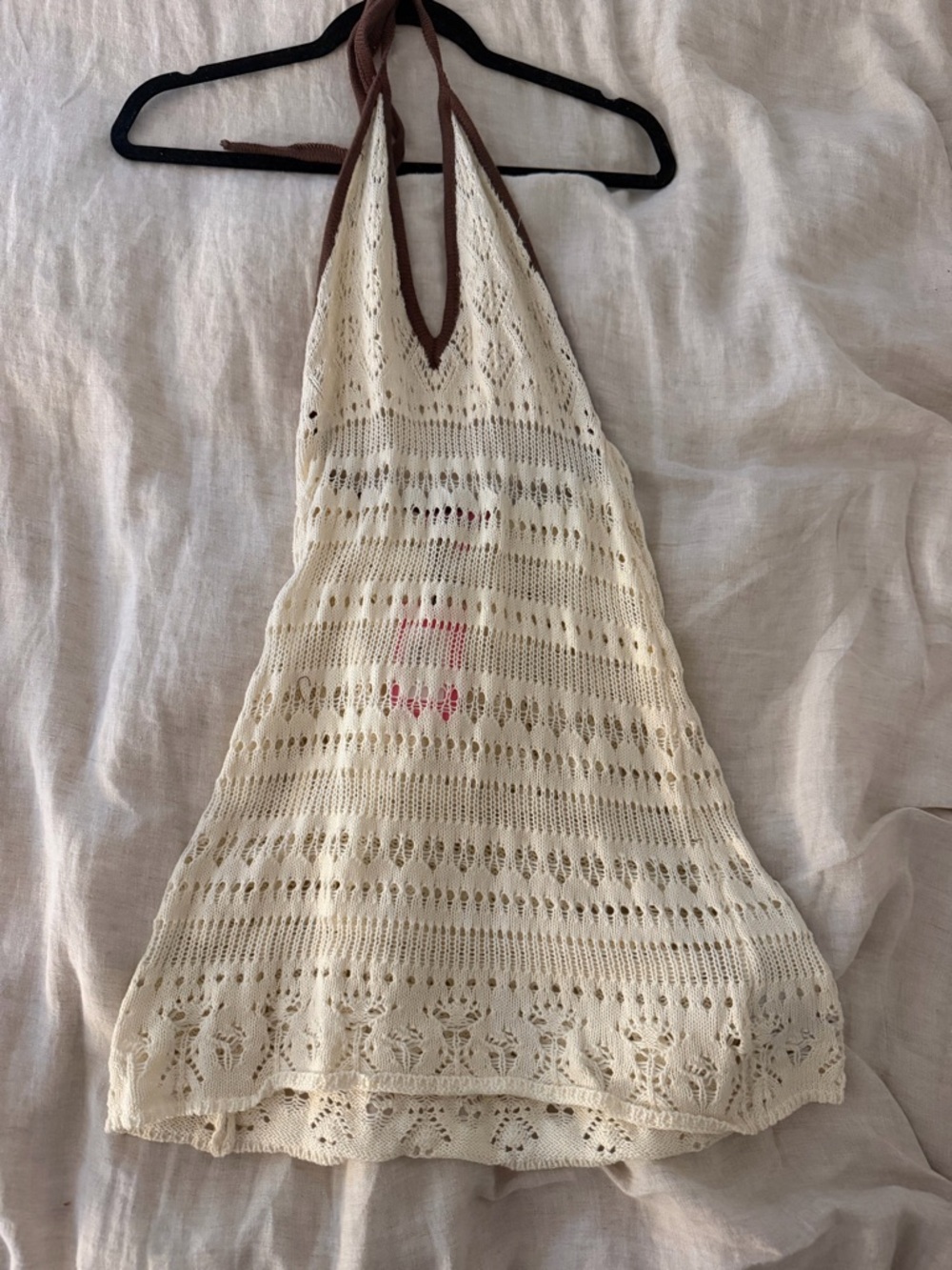 Cream Crochet Halter Dress with Brown Trim